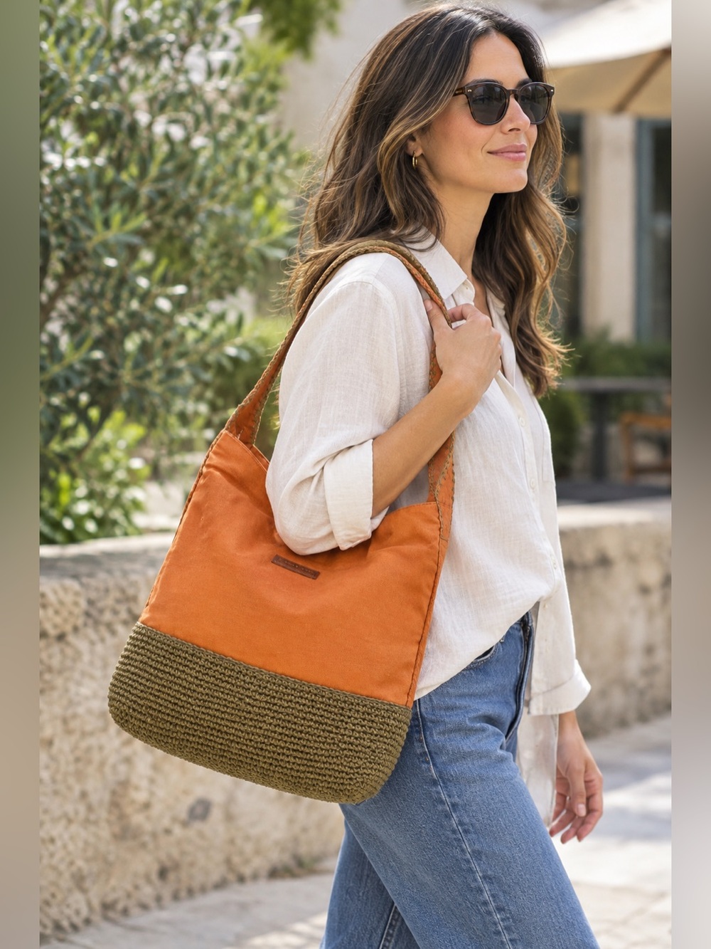 CARIBBEAN JOE Coral Canvas Shoulder Bag with Knitted Jute Bottom